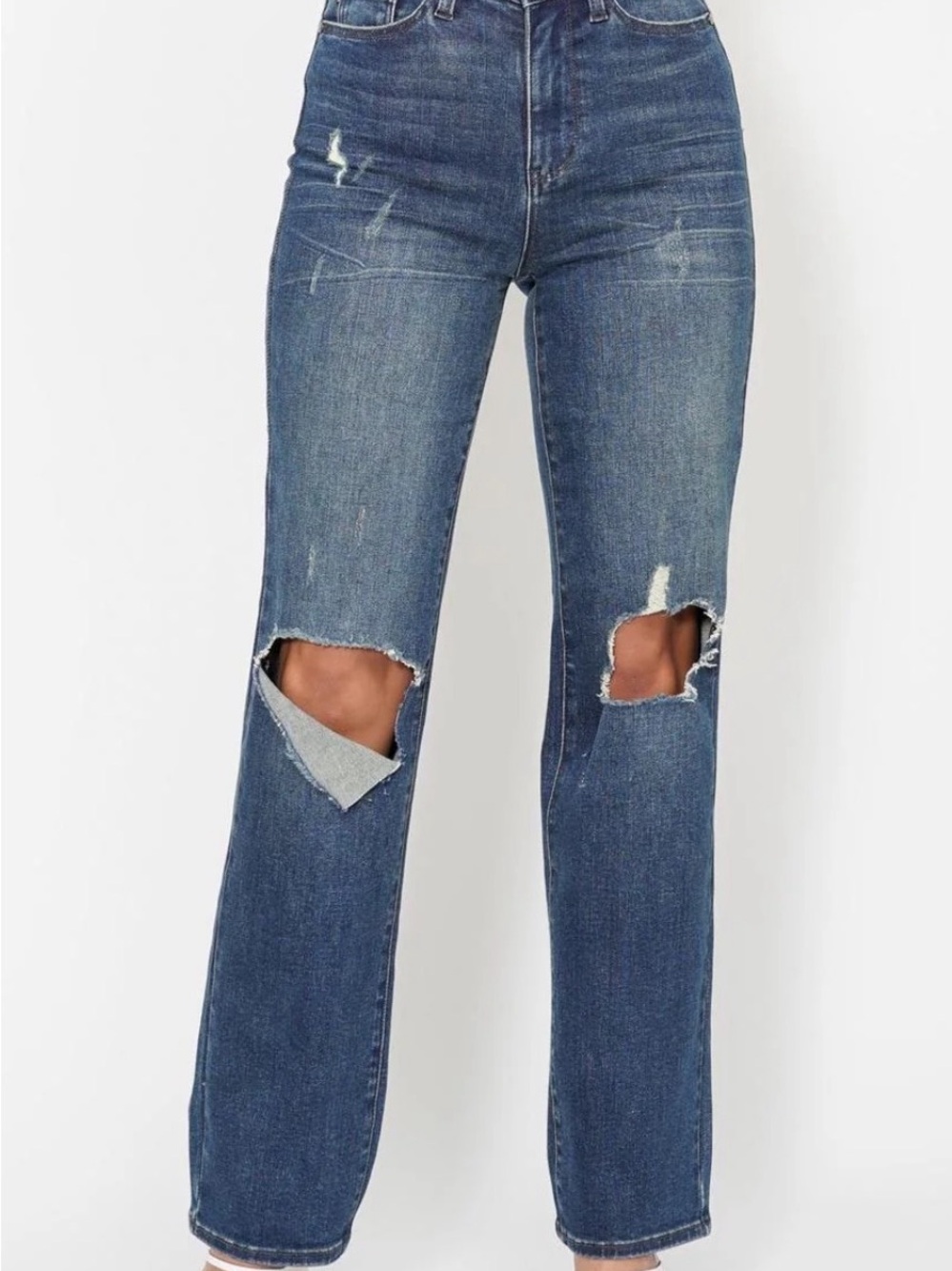 Judy Blue Mid-Rise Distressed “Dad” Jeans - Blue. Distressed at the knees.